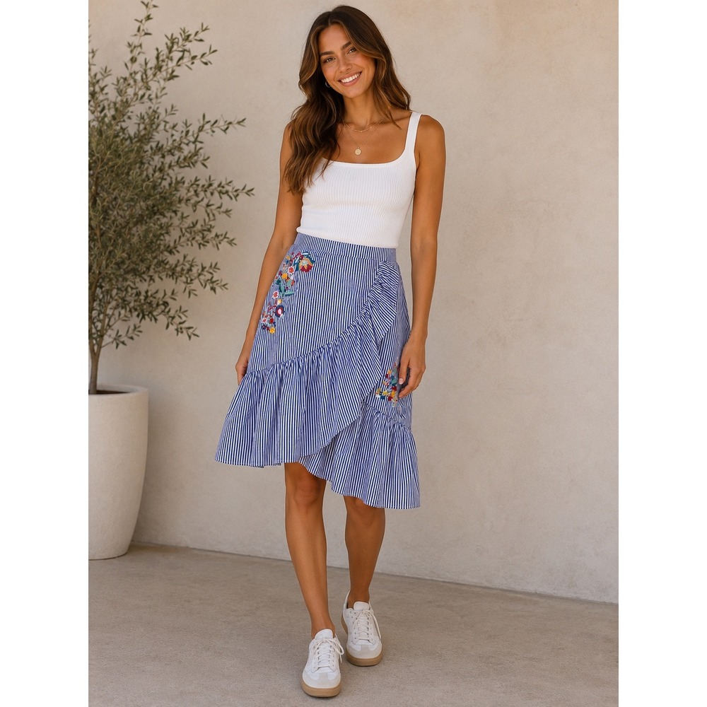 Springfield Blue White Embroidered Asymmetrical Ruffle Midi Skirt Cotton Size 12